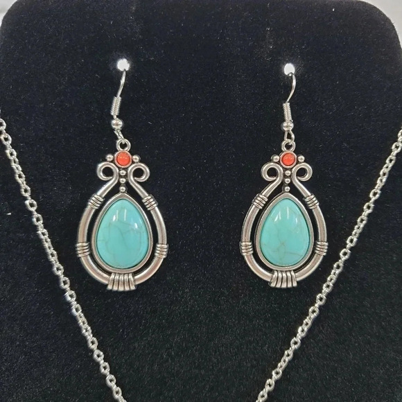 Blue and Red Rhinestone Teardrop Earrings and Necklace Set - Picture 5 of 5